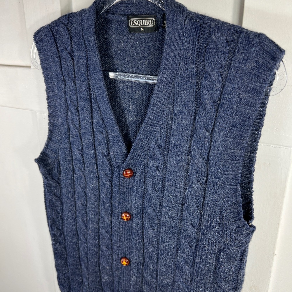 Esquire Vintage Mens Blue Cable Knit Wool Blend Button Front Sweater Vest Medium
